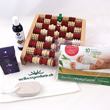 Comprehensive foot care package consisting of Swissvital patches, PediVital, oak bark bath additive, foot bath salt, pumice stone and towel