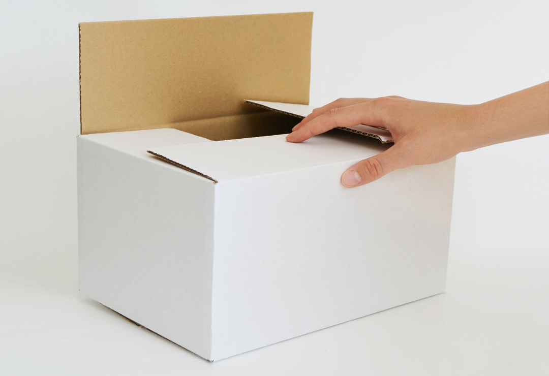 Boîte en carton de dimensions moyennes, pratique pour conserver, transporter ou expédier des objets.