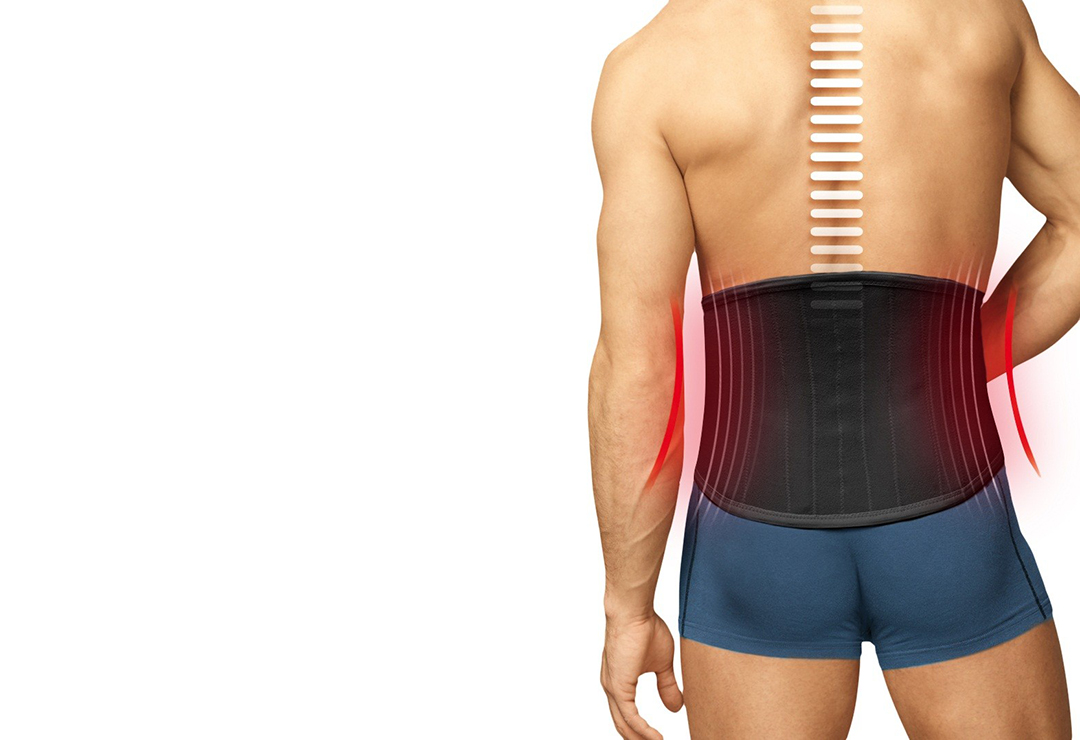 Anatomisch geformte TurboMed Rückenbandage zur wirksamen Unterstützung der Lendenwirbelsäule mit 4 Kunststoff-Stabilisatoren