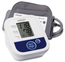 The three-part display of the Omron M2 shows the systolic and diastolic values and the pulse value.