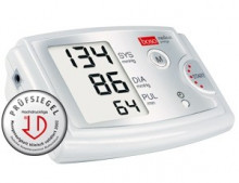Blutdruckmessgerät für den Oberarm mit akustischem Zeitsignal für Blutdruckmessung und Medikamenteneinnahme.