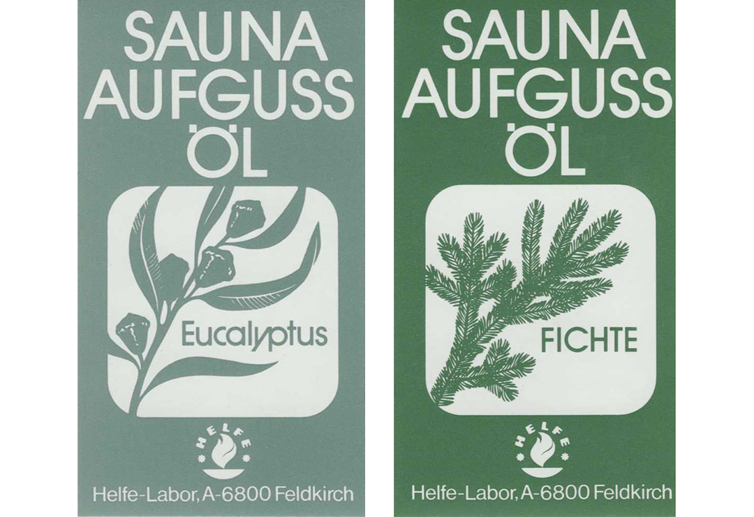 Für einen Saunaaufguss mit aromatherapeutischer Wirkung: Helfe Saunaöle Eukalyptus und Fichte