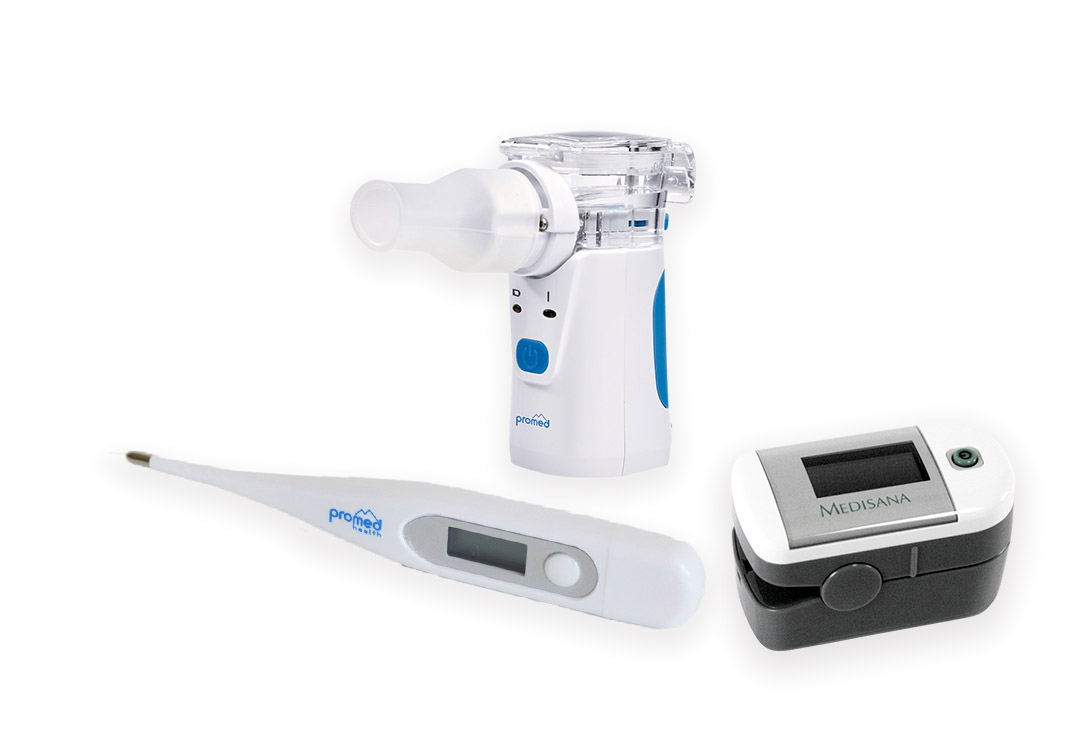 Set aus Promed INH-2.1 Inhalator, Promed PFT3.7 Fieberthermometer und Medisana PM100 Pulsoximeter