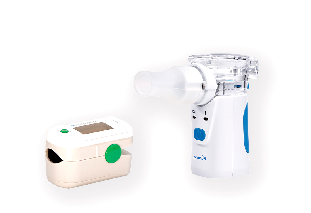 Ensemble composé d'un oxymètre de pouls Medisana PM100 Connect et d'un inhalateur Medisana Promed INH-2.1