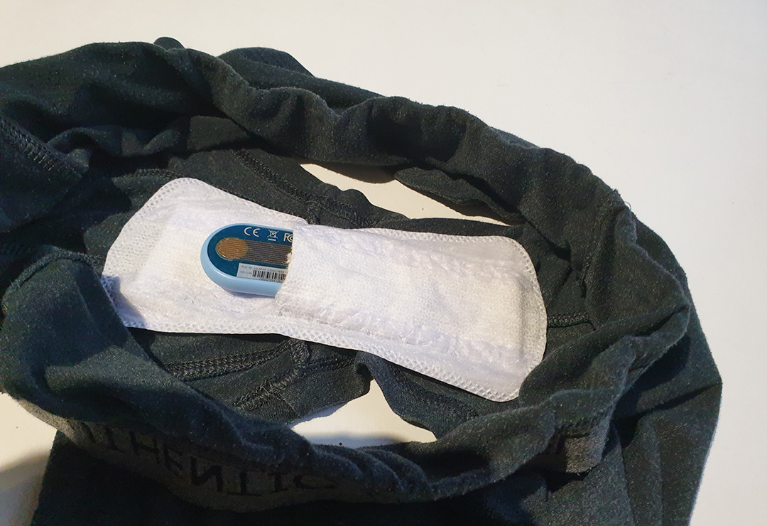 The Pjama Connect Bedwetting Alarm is placed in underwear or a diaper or diaper panty