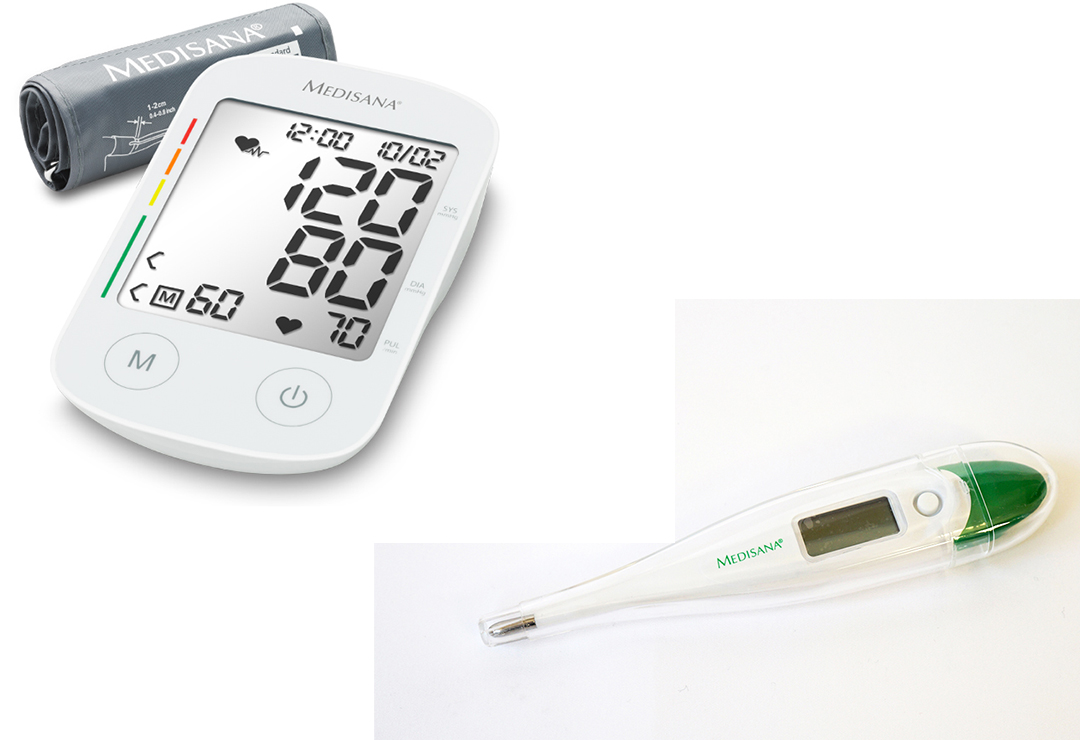Oberarm-Blutdruckmessgerät Medisana BU535 Voice und Fieberthermometer Medisana TM700