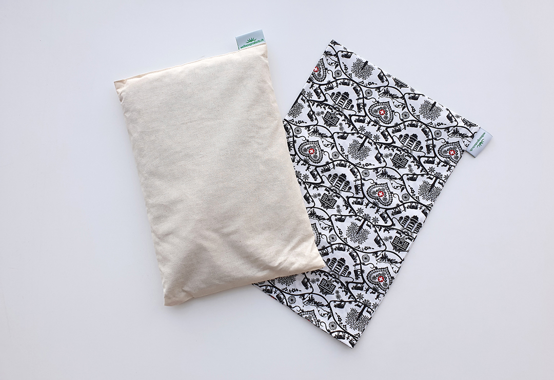 Coussin Noyaux De Cerise 400g Avec Housse Coton Lavable - 19x18 Cm - Chauffant Et Réfrigérant Naturel - Design Chat Blanc