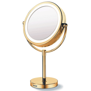 Mit hellen LEDs ausgestatteter Kosmetikspiegel mit grosszügiger Spiegelfläche von 17 cm Durchmesser und fünffacher Vergrösserung auf einer Seite.